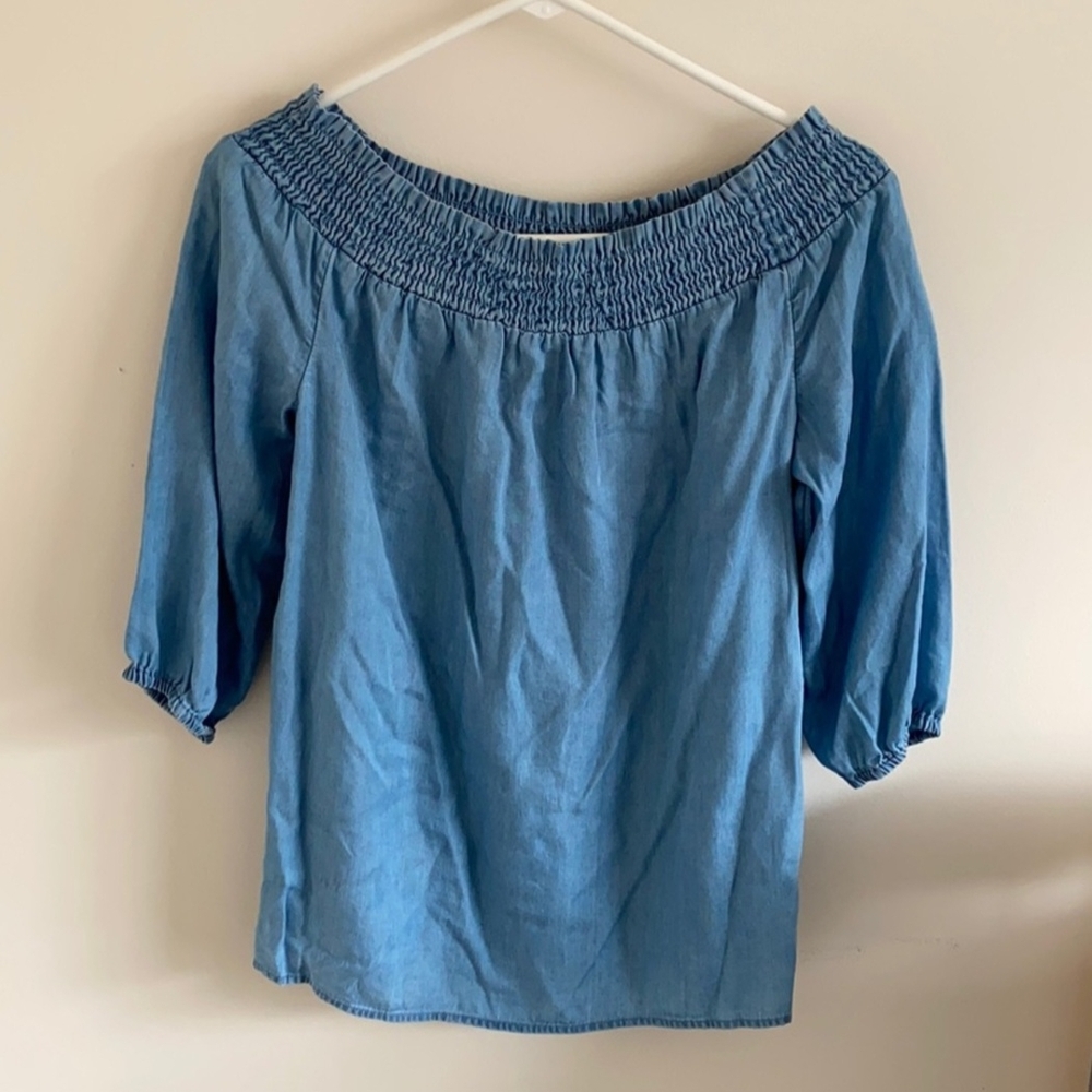 NWT New York & Company Denim Small Blue Smocked Blouse